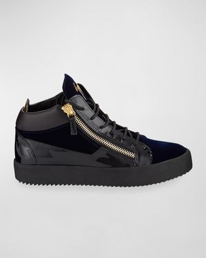 Men's Velvet Patent Leather Mid-Top Sneakers