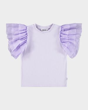 Girl's Robyn Tulle-Sleeve Cotton T-Shirt, Size 8-12