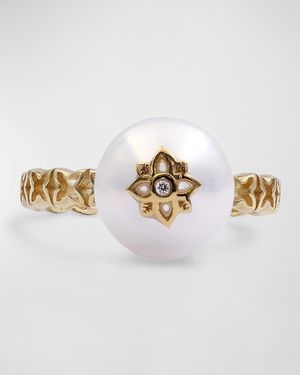 White Pearl and White Diamond Statement Ring in 18K Gold