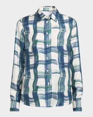 Brushstroke Check Button Down Silk Blouse
