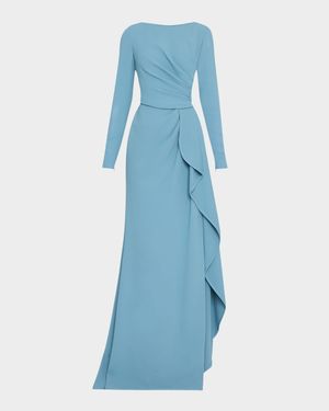 Long-Sleeve Ruffle-Slit Cady Gown