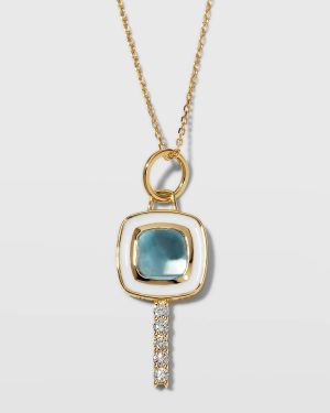 18K Yellow Gold Mini Cushion Key Necklace with White Enamel, Blue Topaz, and Diamonds