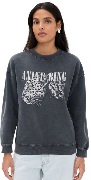 ANINE BING Spencer Leopard Sweatshirt Washed Black XS