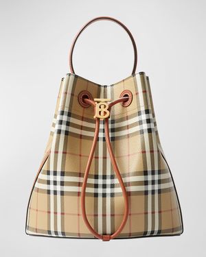 Check Small Drawstring Bucket Bag