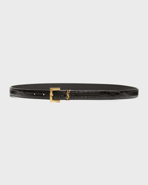 YSL Croc-Embossed Skinny Belt