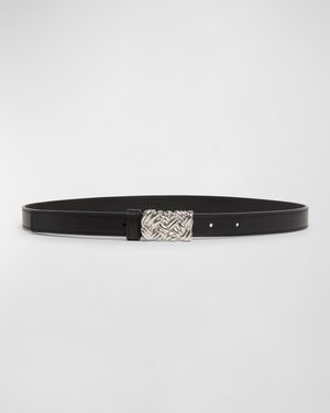 Woven Buckled Leather Skinny Belt