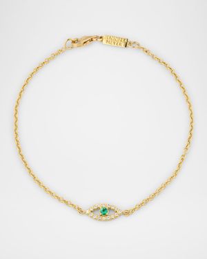 Mini Diamond Open Evil Eye Bracelet with Emerald Center