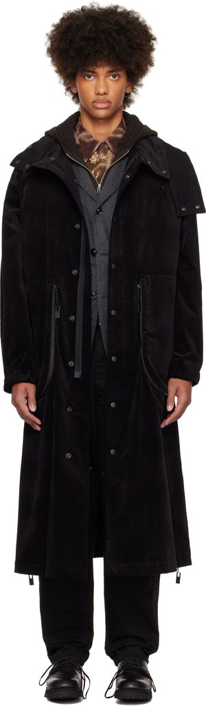 YOHJI YAMAMOTO Black M-Velvet Hooded Coat
