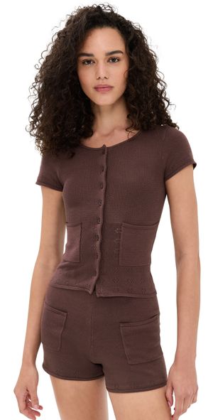 Peachy Den Marie Knit Polo Top Chocolate XL