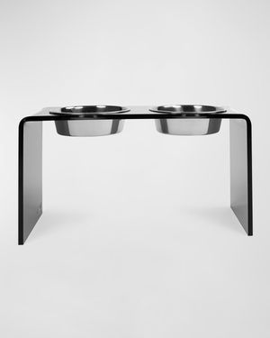 Large Smoke Grey Double Bowl Pet Feeder, 2 Quart Silver