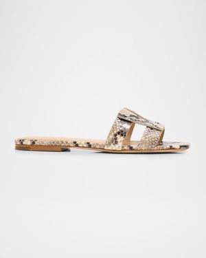 Via Snake-Printed Leather Flat Slide Sandals