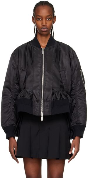 sacai Black Pleated Bomber Jacket