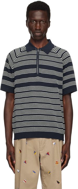 BEAMS PLUS Polo bleu marine à rayures en tricot jacquard