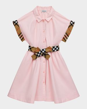 Girl's Check Trim Cotton Shirt Dress, Size 3-14