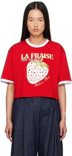 Balmain T-shirt écourté rouge à image de fraise