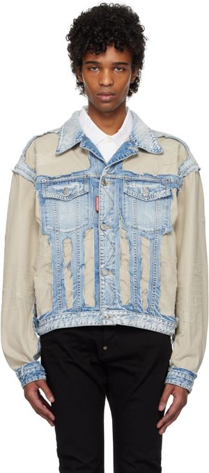Dsquared2 Blue & Beige Super Ripped Mixed Denim Jacket