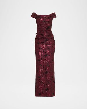 Ruched Metallic Floral Jacquard Column Gown