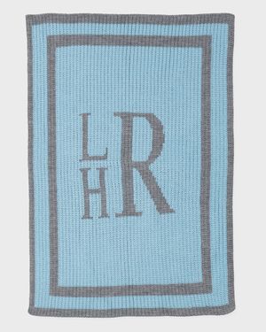 Monogrammed Knit Striped-Trim Baby Blanket, Light Blue