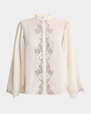 Lace Placket Tulip-Sleeve Silk Blouse