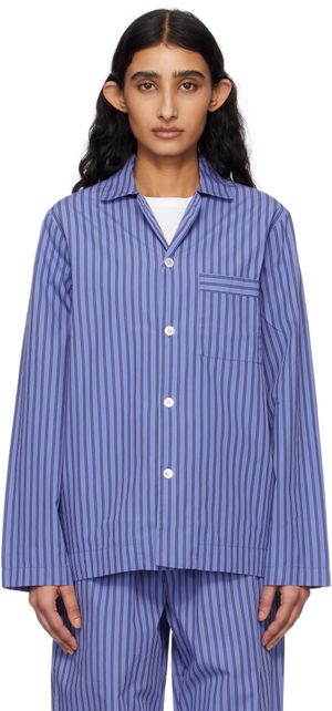 Tekla Chemise de pyjama à manches longues bleu et noir en popeline