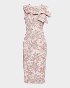 Bow-Front Metallic Jacquard Midi Sheath Dress