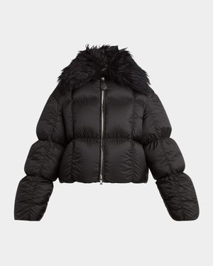 Gathered Quilted Jacket With Detachable Faux-Fur Collar