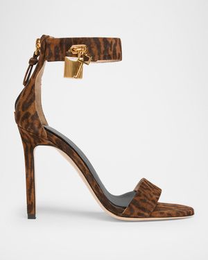Leopard Suede Stiletto Sandals with Padlock