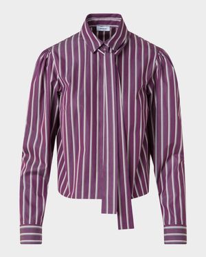 Striped Tie-Neck Cotton Poplin Blouse