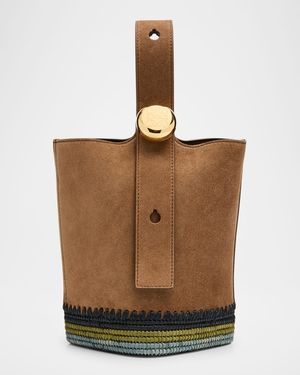 Pebble Raffia-Bottom Mini Bucket Bag in Suede