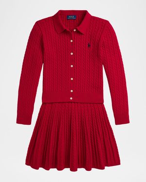 Girl's Cotton Polo Cardigan & Skirt Set, Size S-XL