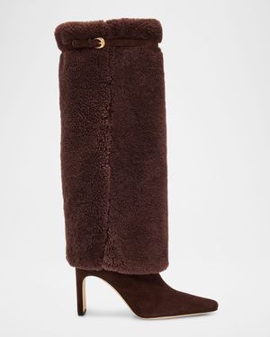 90mm Wally Shearling Foldover Suede Knee-High Boots