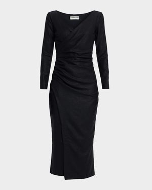 Yono Ruched Shimmer Bodycon Midi Dress