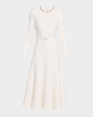 Crystal-Neck Belted Long-Sleeve Midi Dress