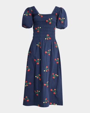 Lauren Strawberry Puff-Sleeve Midi Dress