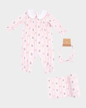 Girl's Ogee Lace Floral Smocked Romper, Headband & Blanket Set, Size 0M-24M