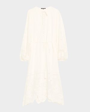 Yelle Pintuck Lace-Inset Linen Midi Dress