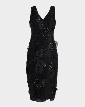 Kylie Bead & Sequin Floral Applique Midi Dress