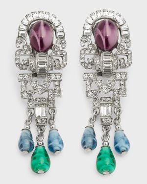 Silver Crystal Oval Topa and Emerald Sapphire Drop Clip-On Earrings