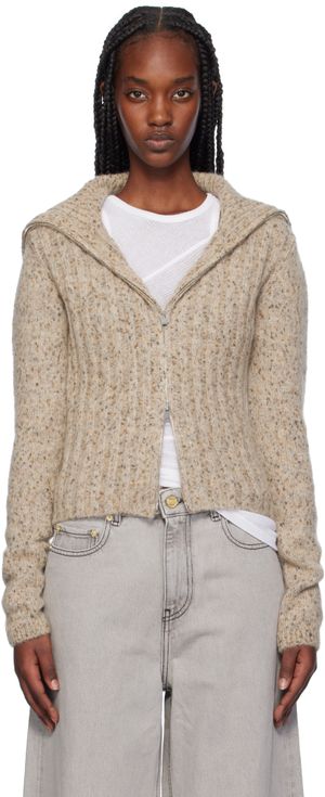 GANNI Beige Highneck Zip Cardigan