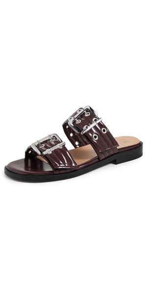 GANNI Buckle Two Strap Sandals Box Oleatex Tawny Port 36