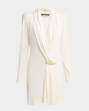 V-Neck Draped Mini Dress with Buckle Detail