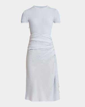 Ruched Monogram Draped Silk Midi Dress