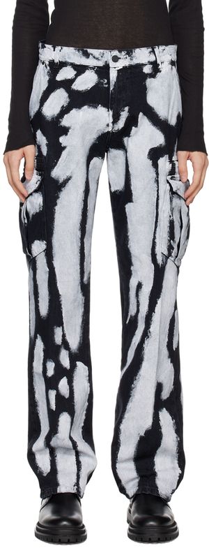 RTA Black & White Theo Denim Cargo Pants