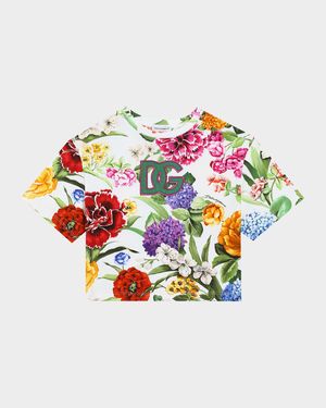 Girl's Floral Interlocked Logo-Print T-Shirt, Size 4-6