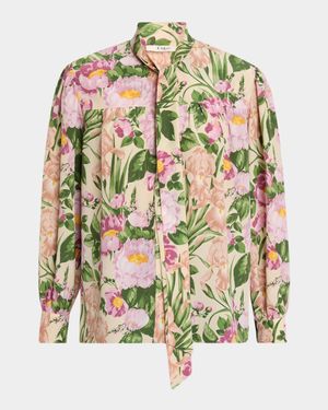 Floral Silk Neck-Tie Button-Down Blouse