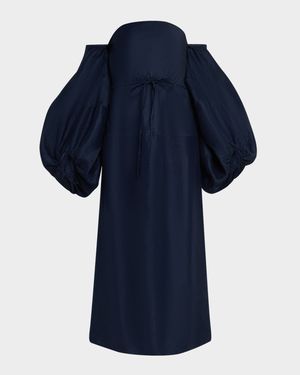 Balloon-Sleeve Off-The-Shoulder Linen Midi Dress