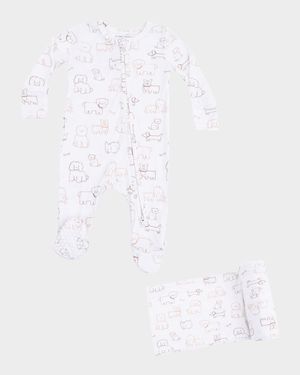 Boy's Neutral Pups Footie Romper & Swaddle Blanket, Size Newborn-9M