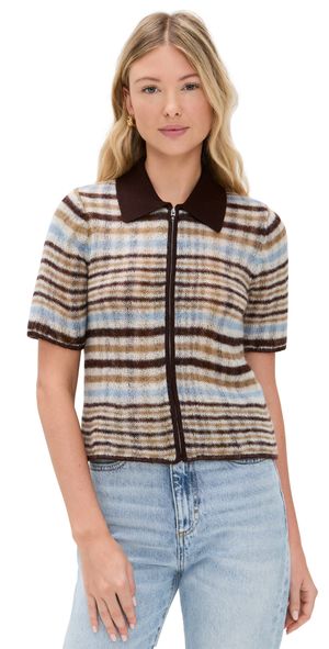 rag & bone Leva Short Sleeve Zip Sweater Ivory Multi XXS