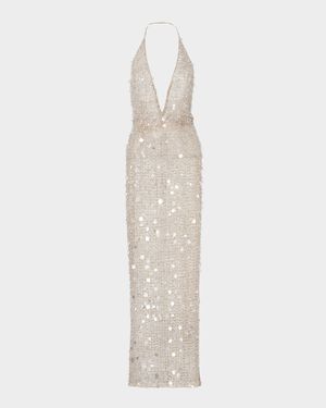Embellished Plunging Halter Column Gown