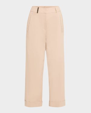 Cropped Chain-Trim Stretch Cotton Pants